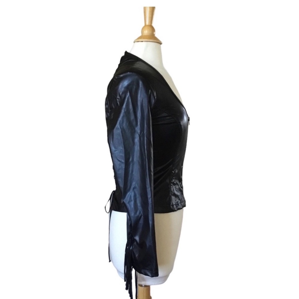 Vintage 80’s 90’s Frederick’s of Hollywood Pleather Back Lace Tie Fringe Jacket - Picture 10 of 14